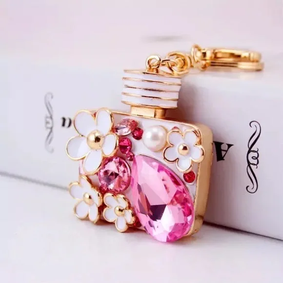 Pink Crystal Flower Perfume Bottle Keychain Charm - Picture 2 of 16